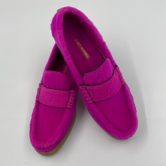 Stuart Weitzman RARE Bromley Spanish Shearling Lambs Wool Loafers Flamingo Pink - Picture 16 of 16